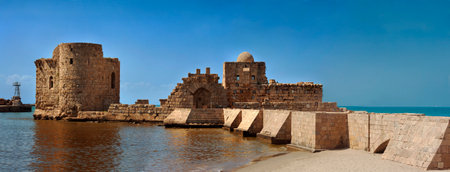 Old crusaders castle of 13th century with the bridge into the sea in Saida, Lebanonのeditorial素材