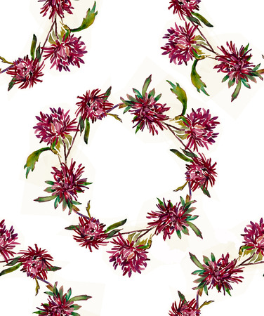 purple asters garland seamless pattern from original watercolorの写真素材