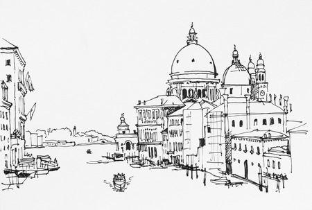 Venice veiw on Grand canal from Academia bridge to Santa Maria della Salute archinectural drawing ink sketch illustrationの写真素材