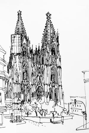 Koln (Cologne) dome gothic church speed drawing architectural ink sketch, Germany, Europeの写真素材