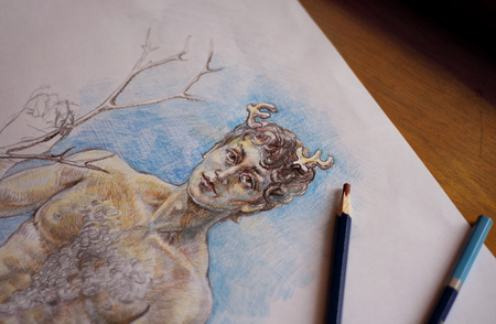 My demon original color pencil drawing imaginery and creativity concept process of drawing man with horns on paperの写真素材