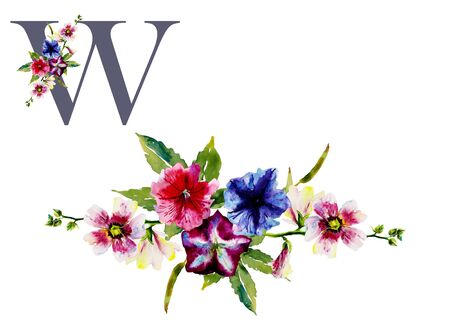 watercolor floral garland from petunia and mallow blooming flowers on white backgroundの写真素材