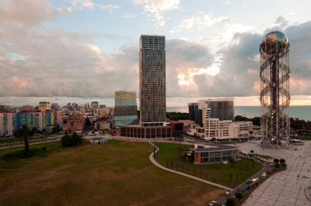 Batumi, Ajara, Georgia, June 21, 2017 : Panoramic view of Batumi city with Alphabet Tower with the Georgian alphabet stands on the embankment , top viewのeditorial素材