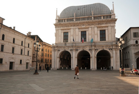 BRECSIA, LOMBARDY, ITALY - February 14, 2018: Main downtown of italian city of Brescia called piazza loggia and city hall building Comune di Bresciaのeditorial素材