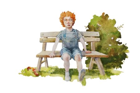 Redhead boy sit on the bench in the garden and daydreaming. Preschool child in the jeans jumpsuite and striped tshirt enjoing his summertime on countrysideの写真素材