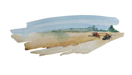 Simple watercolor backdrop with harvesting of wheat fields with abstract combine and tractor. Original wet watercolor illustration isolated on white backgroundの写真素材