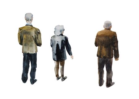 Back view on the three elder men and woman in classic and casual dresses Original watercolor illustration isolated on white backgroundの写真素材
