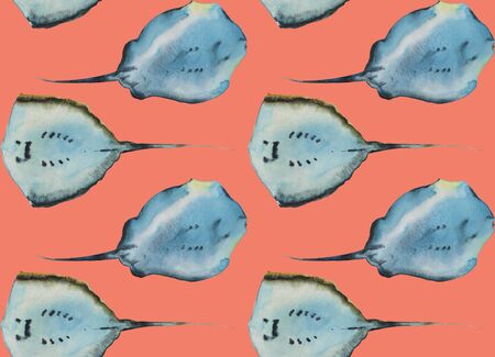 Watercolor seamless pattern with two stingray fishes view from bottom, on pink or orange background....