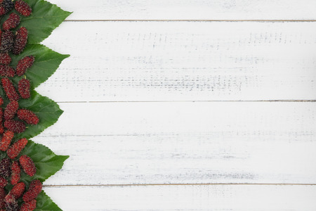 Mulberries and leaves on white wood background with copy space from top viewの写真素材