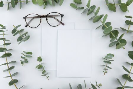 Two blank white cards and glasses decorated with baby eucalyptus leaves on white backgroundの写真素材