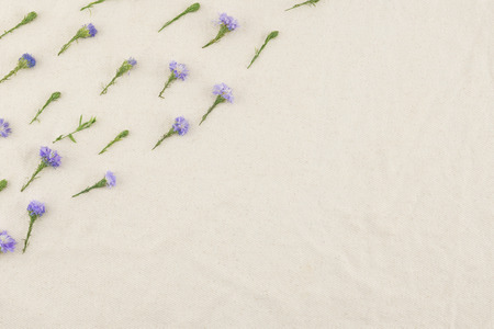 Purple cutter flowers pattern on white muslin fabric with copy spaceの写真素材