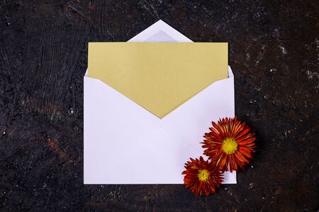 Envelope mock up. White open envelope with a yellow vintage card inside and red wildflowers on dark background.の写真素材