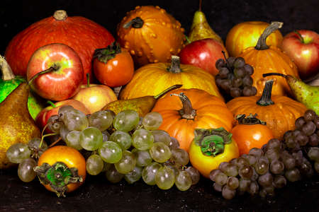 Autumn harvest. Pumpkins, apples, grapes, kinglet and pears on dark rustic background.の写真素材