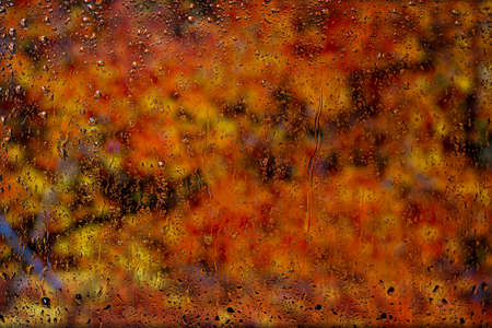 Rain drops on window glass with blurred fall colors on background.の写真素材