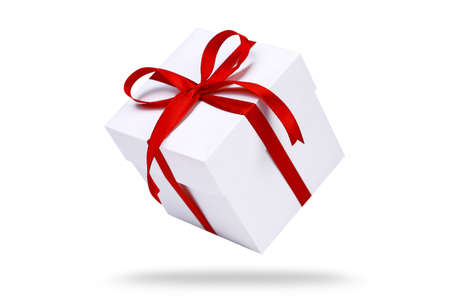 Flying gift boxes on white background. Holiday gift concept. Part of set.の写真素材
