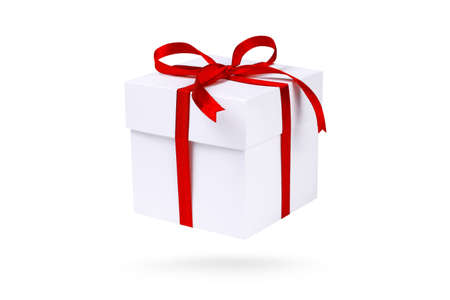 White gift box with red ribbon isolated on white background. Part of set.の写真素材