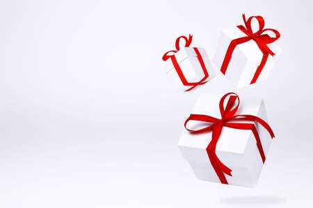 Flying gift boxes on white background. Holiday gift concept. Part of set.の写真素材