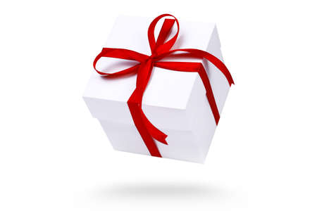 White gift box with red ribbon isolated on white background. Part of set.の写真素材