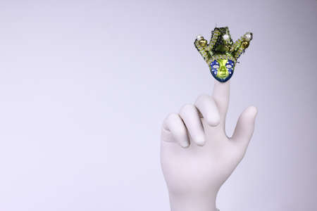 Carnival mask and white hand. Human palm with white glove on it wearing carnival mask.の写真素材
