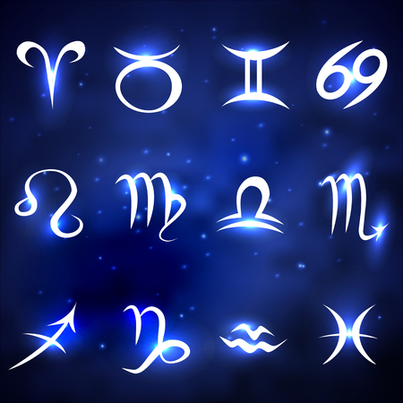 Shiny zodiac signs of blue space background with starsのイラスト素材