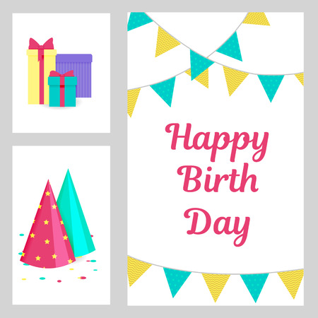 Happy Birthday, greeting and invitation card with gift boxes, party hat, confetti and flagsのイラスト素材
