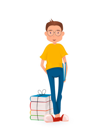 appy boy standing with a stack of books. Back to school. Cartoon style.のイラスト素材