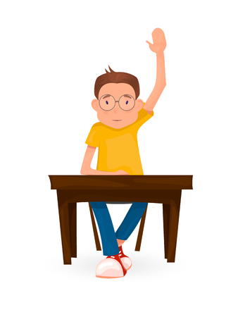 Boy sits at the Desk and pulls his hand. Back to school. Cartoon style.のイラスト素材
