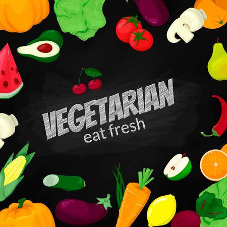 Vegetarian chalkboard banner. Fruit and veg. Fresh healthy foodのイラスト素材