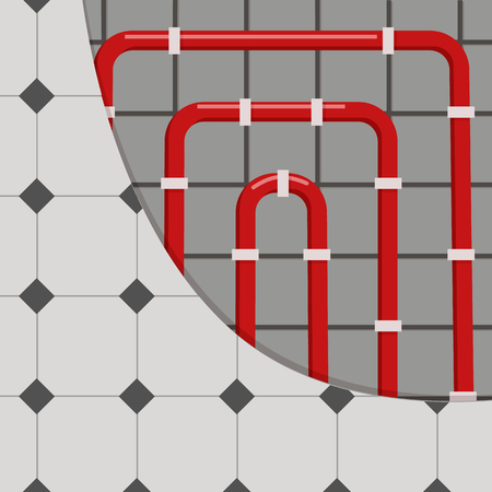 Water heatig floor system under ceramic cover. Installing pipes and top covering. Vector flat illustrationのイラスト素材