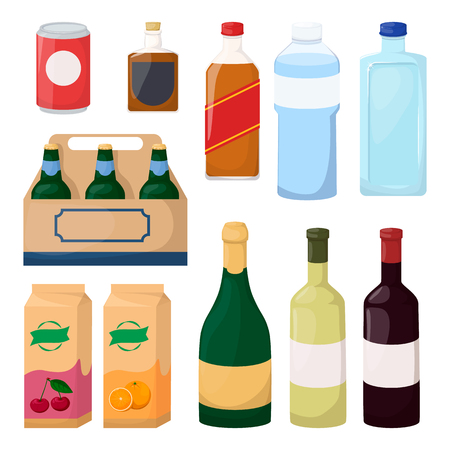 Set of drink and alcohol product. Bottle of water, beer, wine, juice. Cartoon vector illustrationのイラスト素材