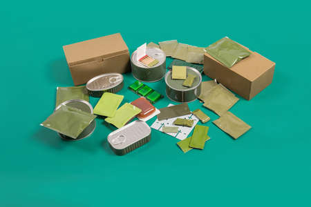 Canned food set and terrines with survival accessories on green background. Horizontal photography...