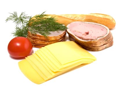 meat and cheese slices isolated on whiteの写真素材