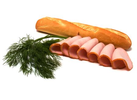bread and  meat  slices isolated on whiteの写真素材