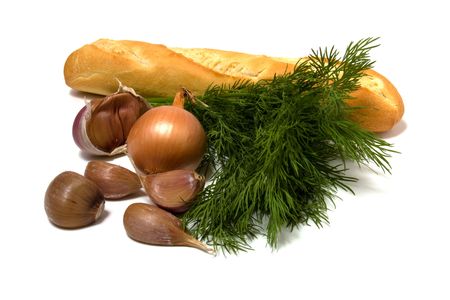 vegetable and bread isolated on whiteの写真素材