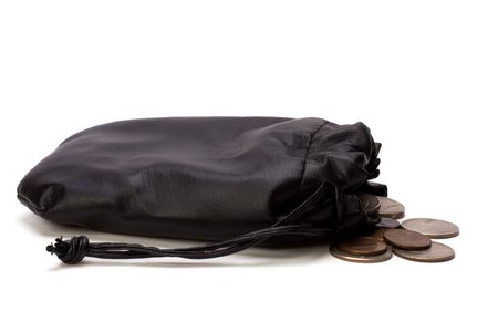 Money in leather  bag isolated on white  backgroundの写真素材