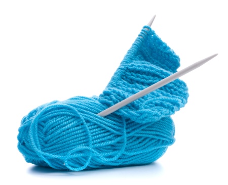 Woollen thread and knitting needle. Needlework accessories isolated on white background.の写真素材