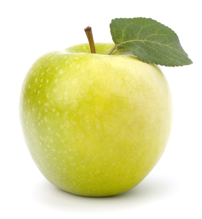 Sweet green apple with  leaf isolated on white backgroundの写真素材