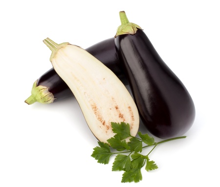 eggplant or aubergine and parsley leaf on white backgroundの写真素材