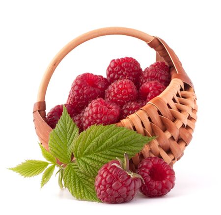 Ripe raspberries in basket isolated on white background cutout