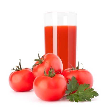 Tomato vegetable juice in glass isolated on white background cutoutの写真素材