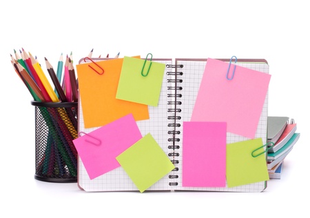 Blank checked notebook with notice papers isolated on white background cutoutの写真素材