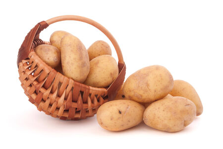 Potato tuber  in wicker basket isolated on white backgroundの写真素材