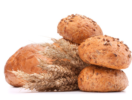 hamburger bun or roll  and wheat ears bunch  isolated on white background cutoutの写真素材