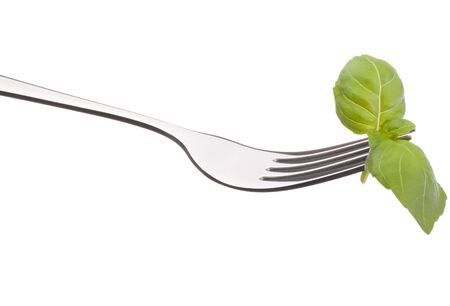 Fresh basil leaf  on fork isolated on white background cutout. Healthy eating concept.の写真素材
