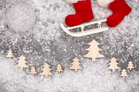 Christmas greeting card. Noel festive background. New year symbol. Santa sleigh.の写真素材