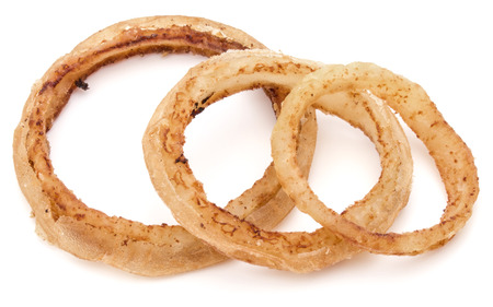 Delicious crispy fried onion rings isolated on whiteの写真素材