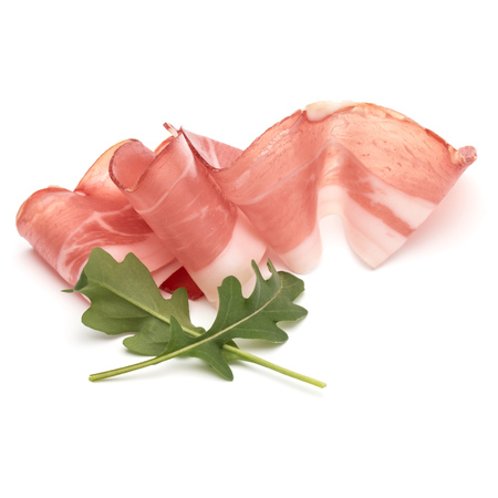 Italian prosciutto crudo or jamon. Raw ham. Isolated on white backgroundの写真素材