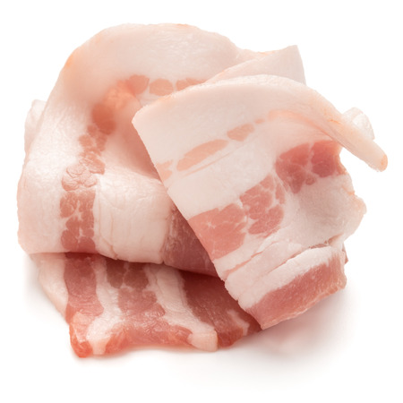 sliced bacon isolated on white background cutoutの写真素材