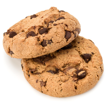 Two Chocolate chip cookies isolated on white background. Sweet biscuits. Homemade pastry.の写真素材