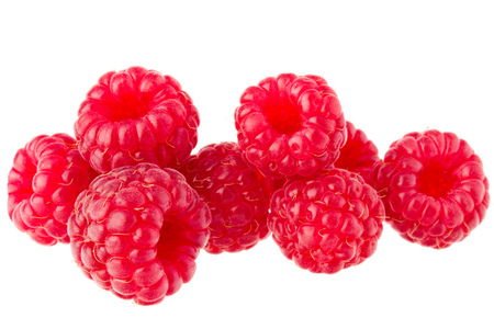 ripe raspberries isolated on white background close upの写真素材